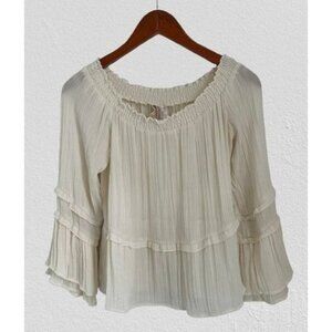Boho Off-Shoulder Smocked Blouse With Tiered Ruffle Sleeves Ivory White